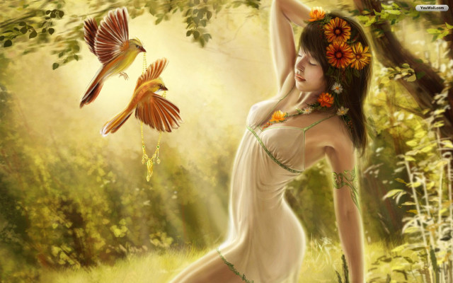 Woman white dress forest bird free wallpaper for desktop - medium preview image