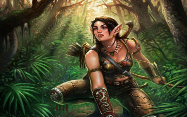 Woman forest bow arrow hand free wallpaper for desktop - medium preview image