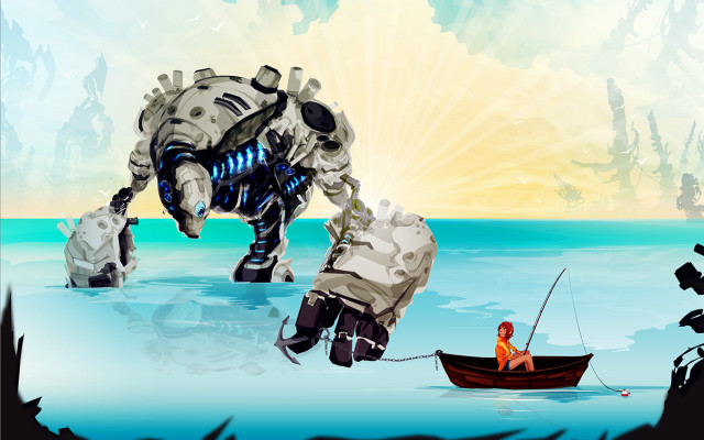 Man boat giant robot water free wallpaper for desktop - medium preview image