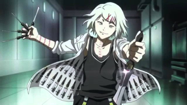 Man white hair knives pointing free wallpaper for desktop - medium preview image