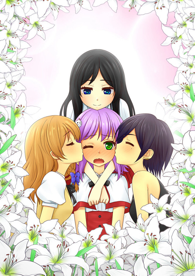 Three girls kissing flower field free wallpaper for mobile - medium preview image