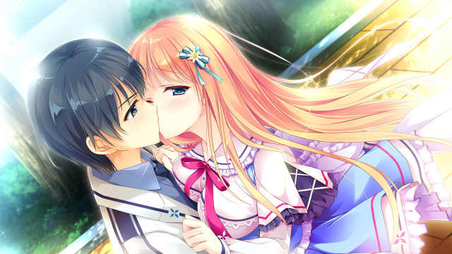 Anime couple kissing window green free wallpaper for desktop - medium preview image