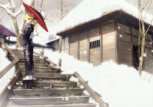 Woman umbrella snowy hill building #2 free wallpaper for desktop - medium preview image