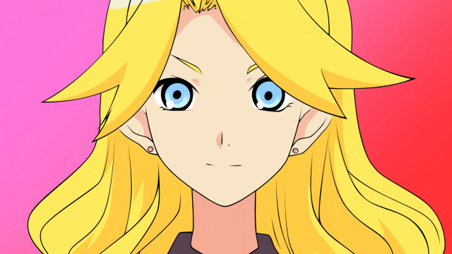 Blonde ponytail blueeyes blackshirt pinkbackground #2 free wallpaper for desktop - medium preview image