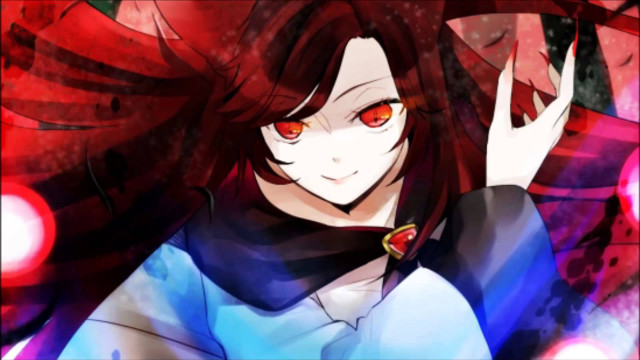 Girl red eyes blue shirt free wallpaper for desktop - medium preview image