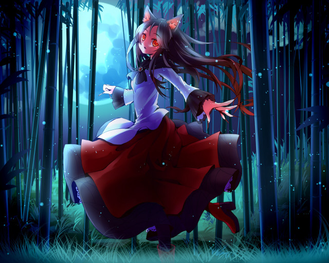 Woman red dress forest wolf free wallpaper for desktop - medium preview image