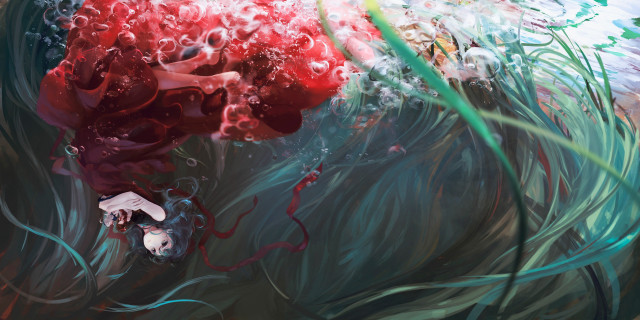 Red ball floating water green free wallpaper for desktop - medium preview image