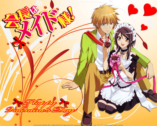 Anime couple yellow background hearts free wallpaper for desktop - medium preview image