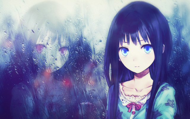 Girl blue eyes window rain free wallpaper for desktop - medium preview image