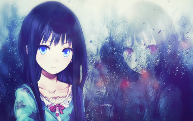 Girl blue eyes rain window free wallpaper for desktop - medium preview image