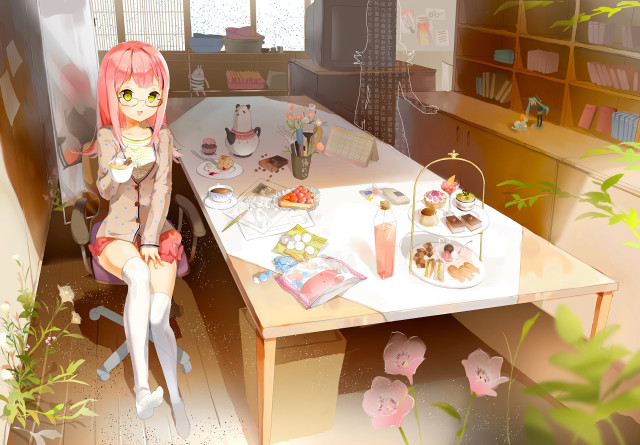Girl sitting table food plant free wallpaper for desktop - medium preview image