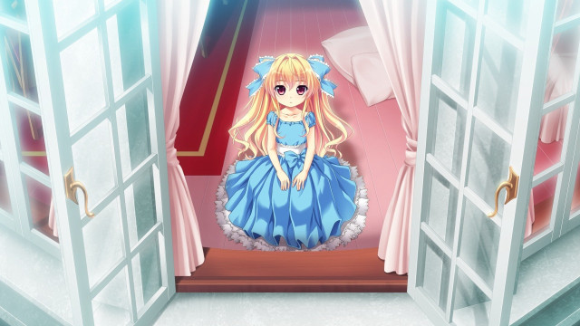 Cartoon girl blue dress doorway #2 free wallpaper for desktop - medium preview image