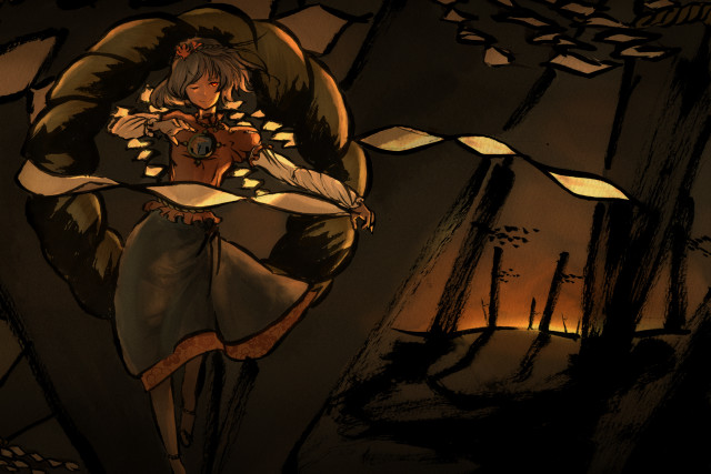 Woman holding knife forest fire free wallpaper for desktop - medium preview image