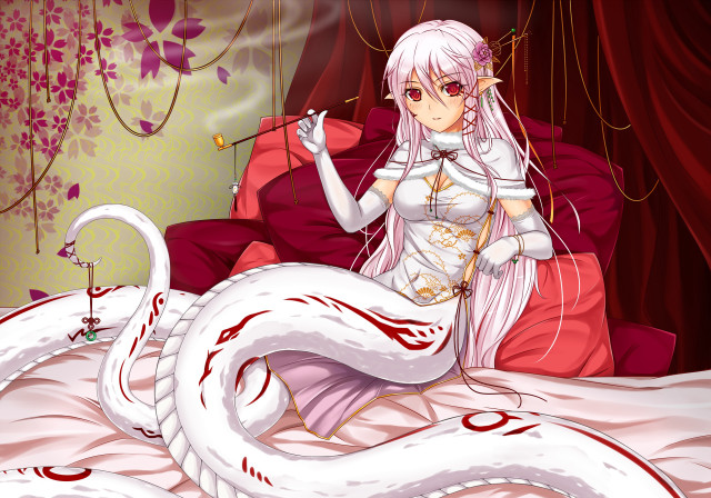 Woman white dress bed dragon free wallpaper for desktop - medium preview image