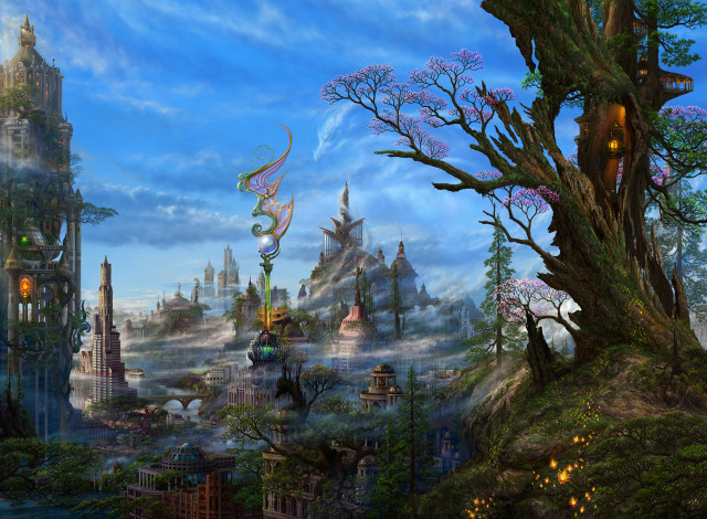 Fantasy city trees buildings sky free wallpaper for desktop - medium preview image