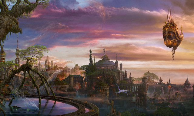 City dragon flying bird painting free wallpaper for desktop - medium preview image