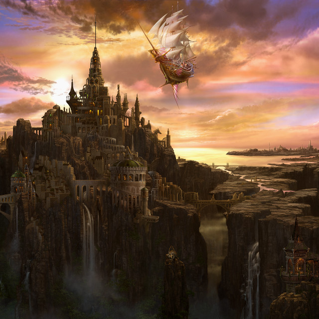 Castle dragon waterfall sunset sky free wallpaper for tablet - medium preview image