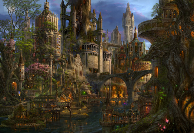Fantasy city bridge castle trees free wallpaper for desktop - medium preview image