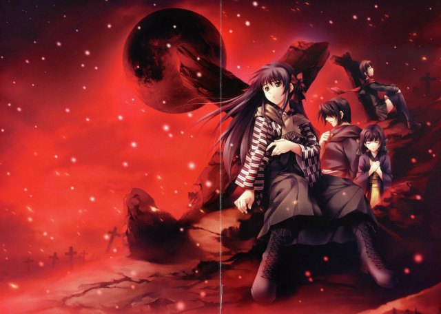 Anime characters red background stars free wallpaper for desktop - medium preview image