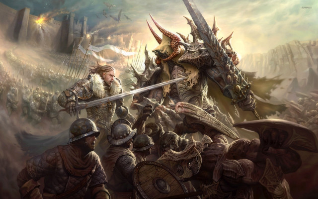 Knights battle demon spear shield free wallpaper for desktop - medium preview image