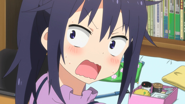 Girl purple hair surprised bookshelf free wallpaper for desktop - medium preview image