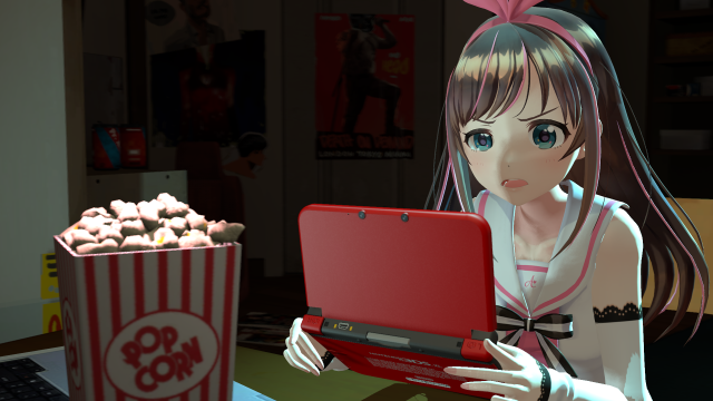 Girl holding laptop popcorn table free wallpaper for desktop - medium preview image