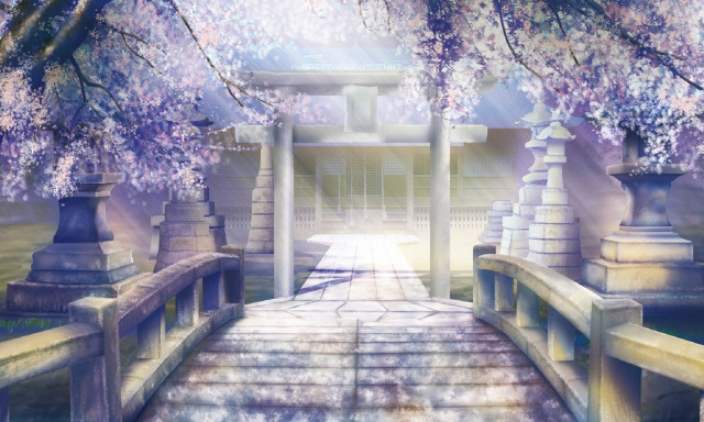 Walkway bridge blooming trees building free wallpaper for desktop - medium preview image