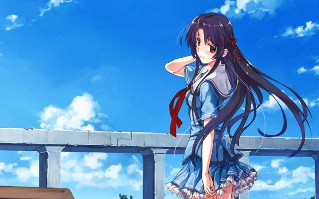 Girl bridge schooluniform longhair blue free wallpaper for desktop - medium preview image