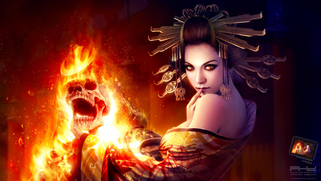 Woman holding fireball skull room free wallpaper for desktop - medium preview image