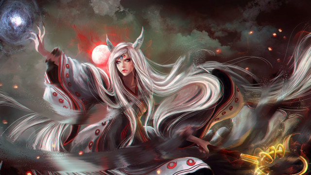 White haired woman holding red free wallpaper for desktop - medium preview image