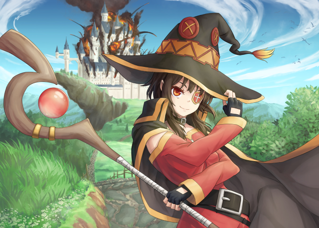 Woman witch costume broom apple free wallpaper for desktop - medium preview image