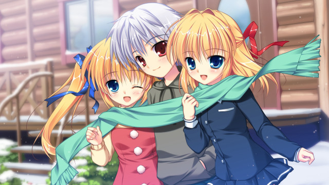 Anime girls hugging snow house free wallpaper for desktop - medium preview image