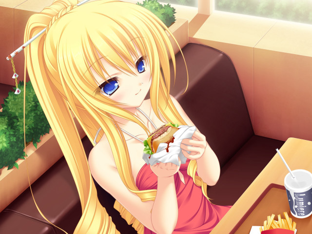 Blonde girl eating sandwich restaurant #2 free wallpaper for desktop - medium preview image