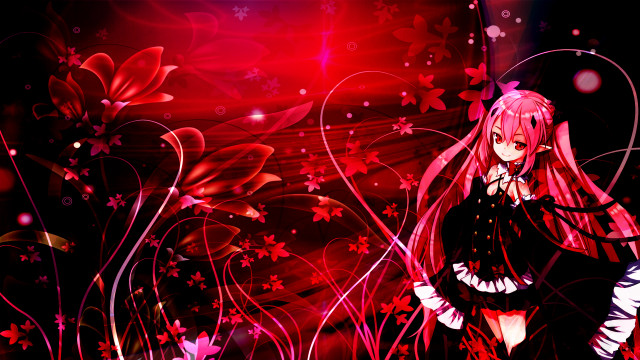 Anime girl longhair blackdress redbackground free wallpaper for desktop - medium preview image