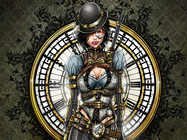 Steampunk woman clock gun outfit free wallpaper for desktop - medium preview image