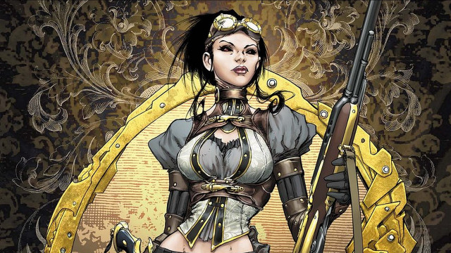 Woman gun yellow jacket shoulders free wallpaper for desktop - medium preview image