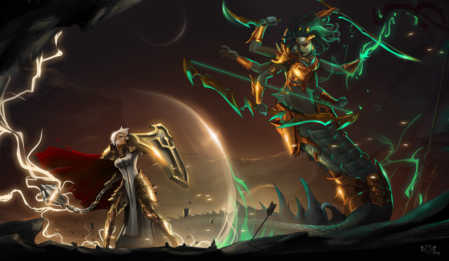 Woman white dress giant creature free wallpaper for desktop - medium preview image