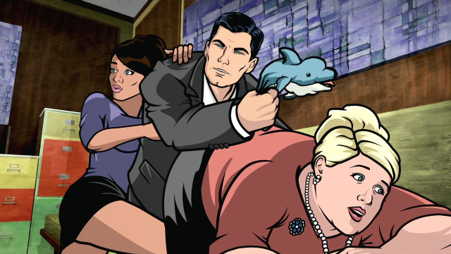 Cartoon man holding woman pointing free wallpaper for desktop - medium preview image