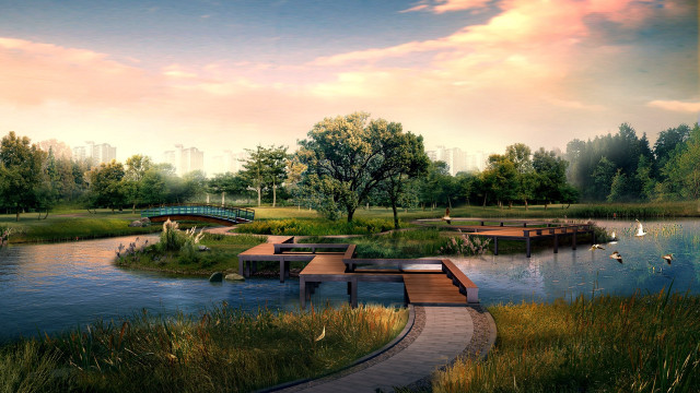 Park bridge bench pond ducks free wallpaper for desktop - medium preview image