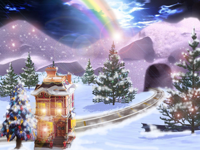 Snowy landscape rainbow train tracks free wallpaper for desktop - medium preview image