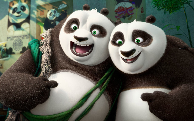 Pandas hugging cartoon scene background free wallpaper for desktop - medium preview image