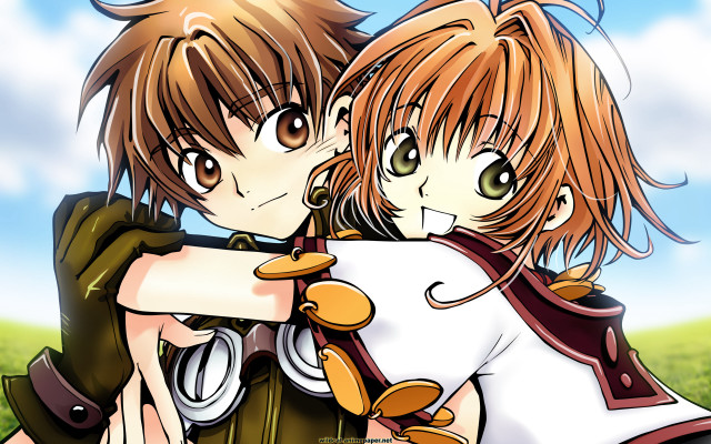 Anime characters hugging field grass free wallpaper for desktop - medium preview image