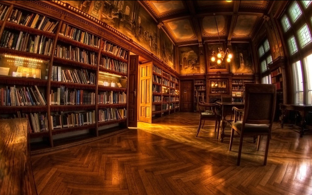Bookshelves chairs table room library free wallpaper for desktop - medium preview image