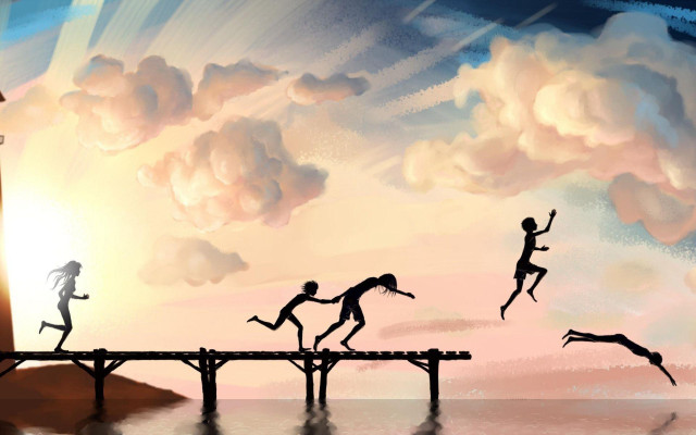 People jumping bridge water lighthouse free wallpaper for desktop - medium preview image