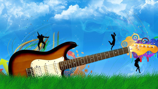 Guitar jump man grass sky free wallpaper for desktop - medium preview image