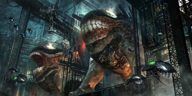 Man futuristic city giant snake #2 free wallpaper for desktop - medium preview image