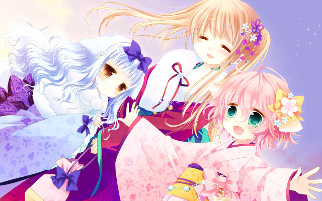 Anime girls hugging pink kimono free wallpaper for desktop - medium preview image