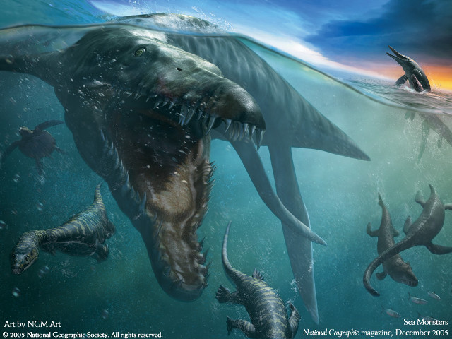 Dinosaurs swimming ocean shark man free wallpaper for desktop - medium preview image