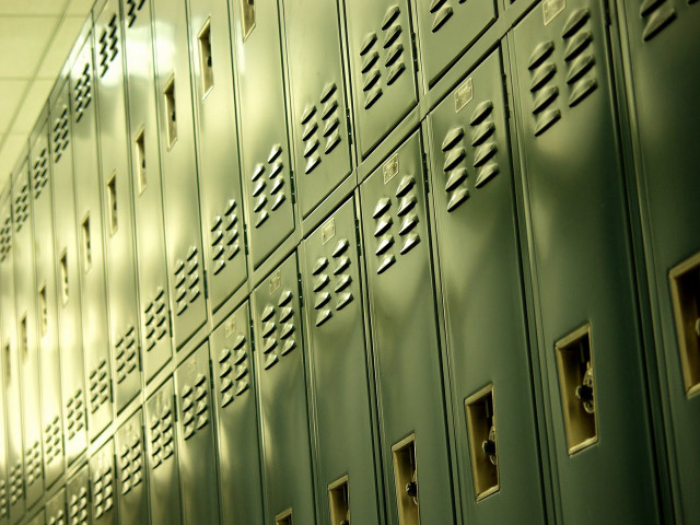 Lockers hallway light person doorway free wallpaper for desktop - medium preview image