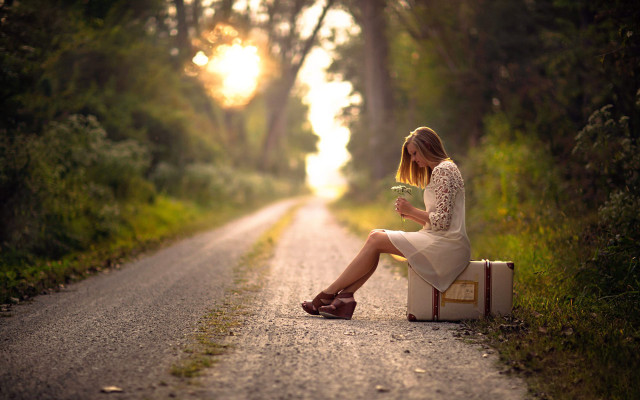 Woman sitting suitcase road flower free wallpaper for desktop - medium preview image